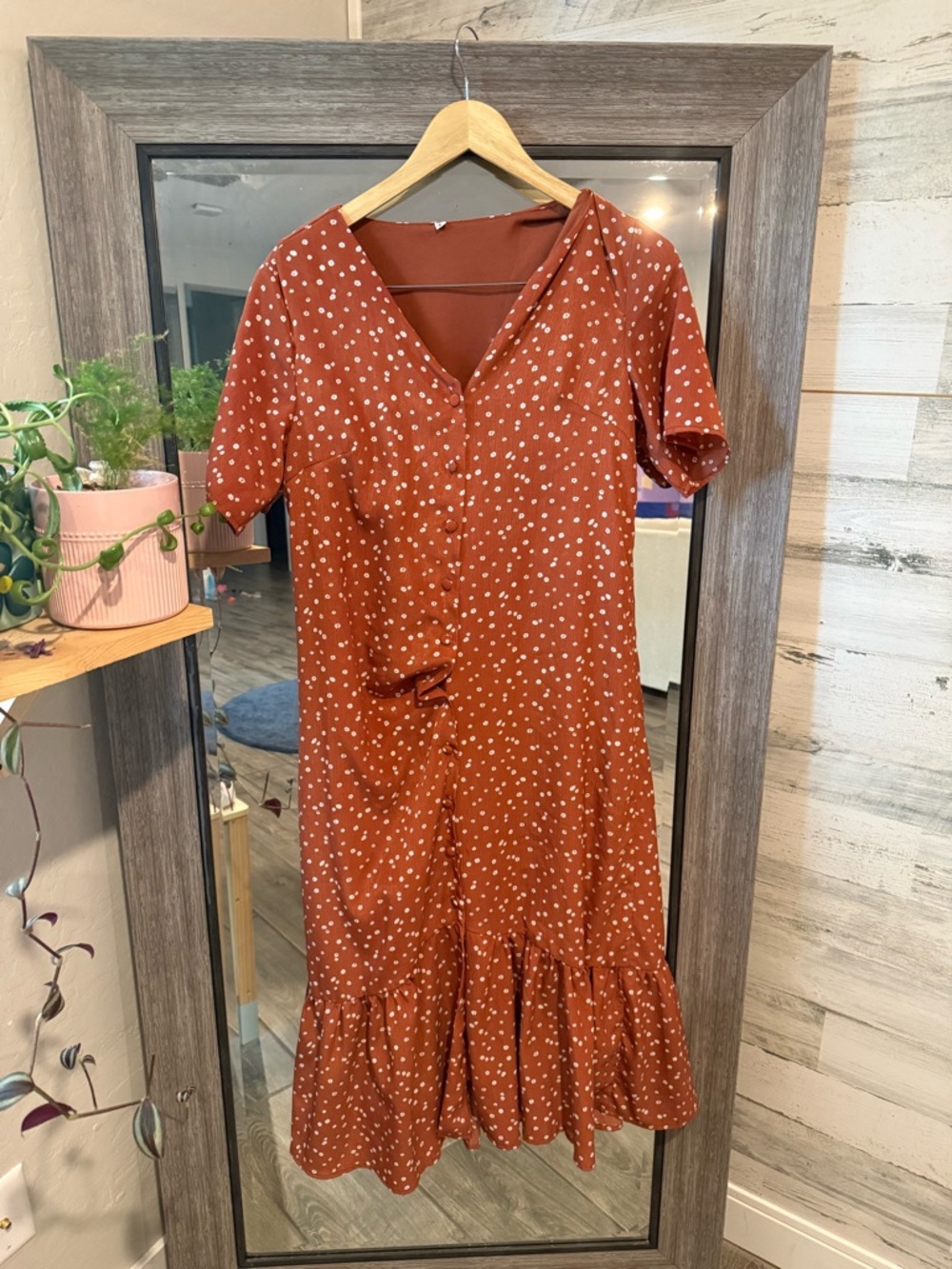 Rust Polka Dot Button-Front Midi Dress